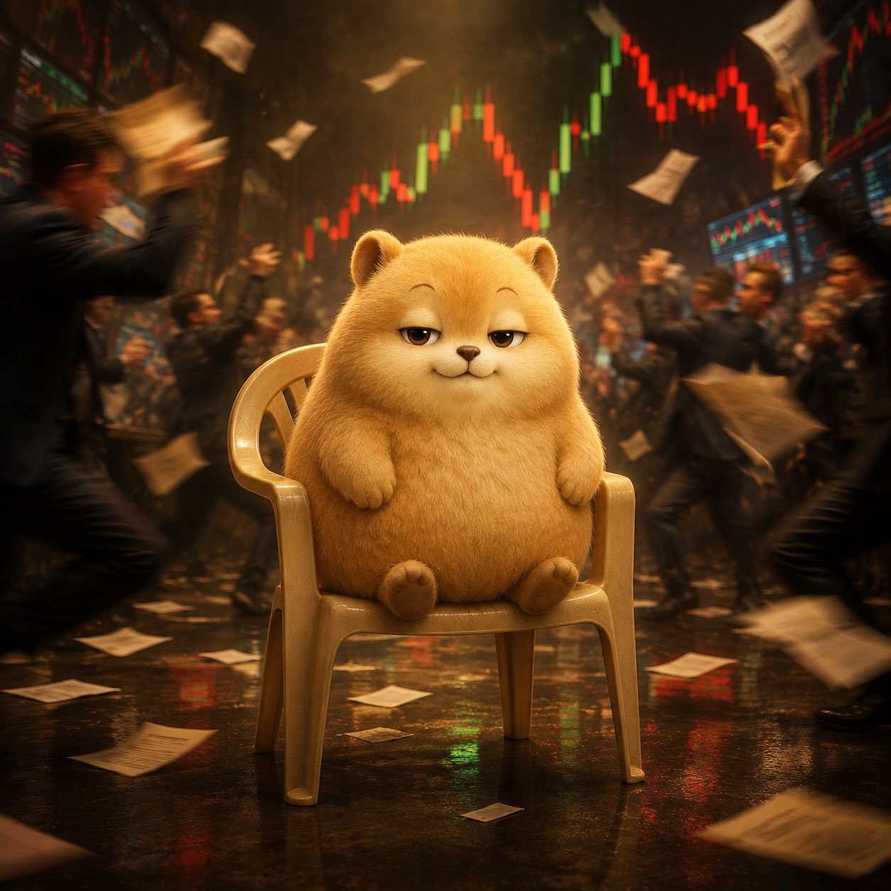 Pika sitting calmly on a chaotic trading floor