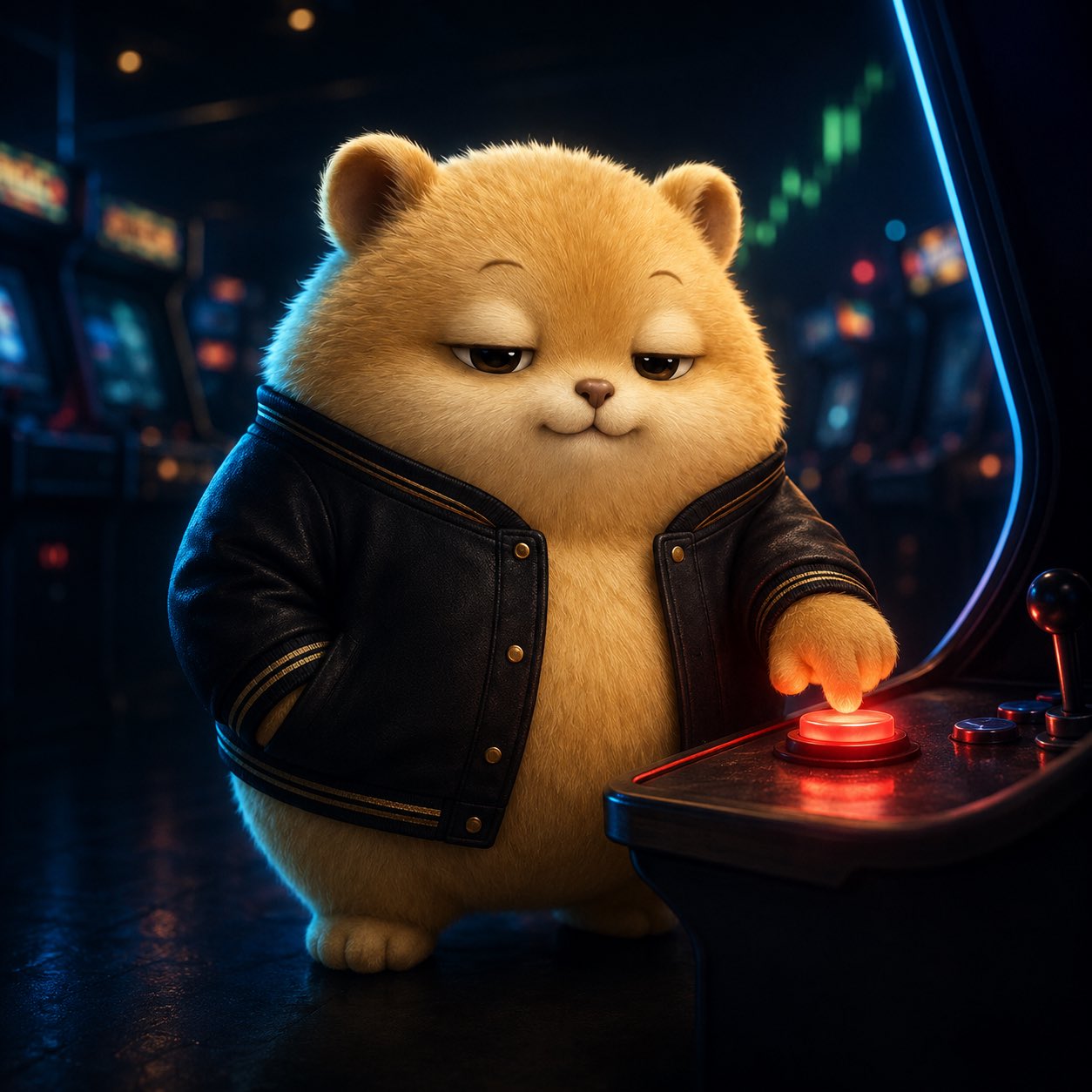 Pika in a leather jacket at an arcade machine