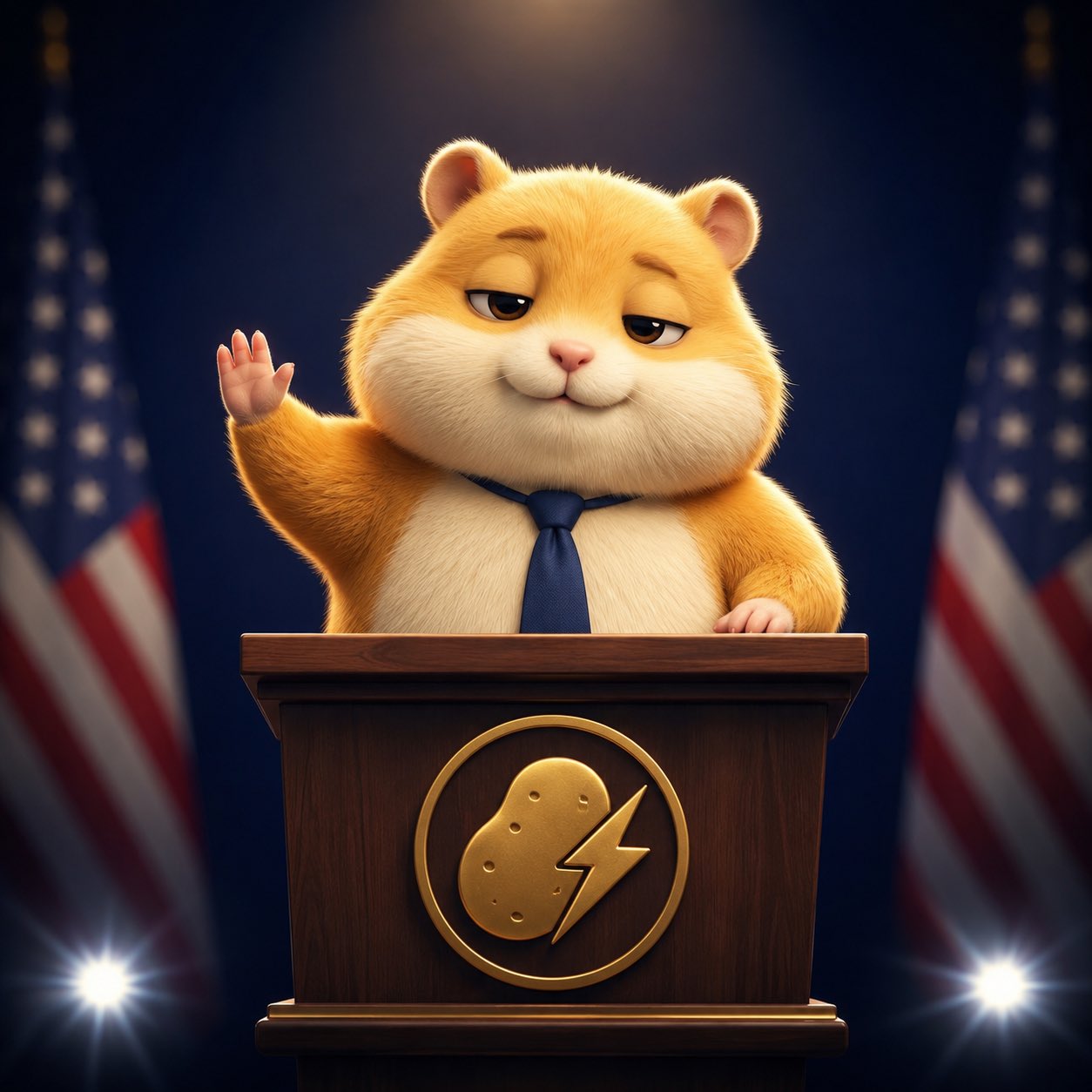 Pika waving from a presidential podium