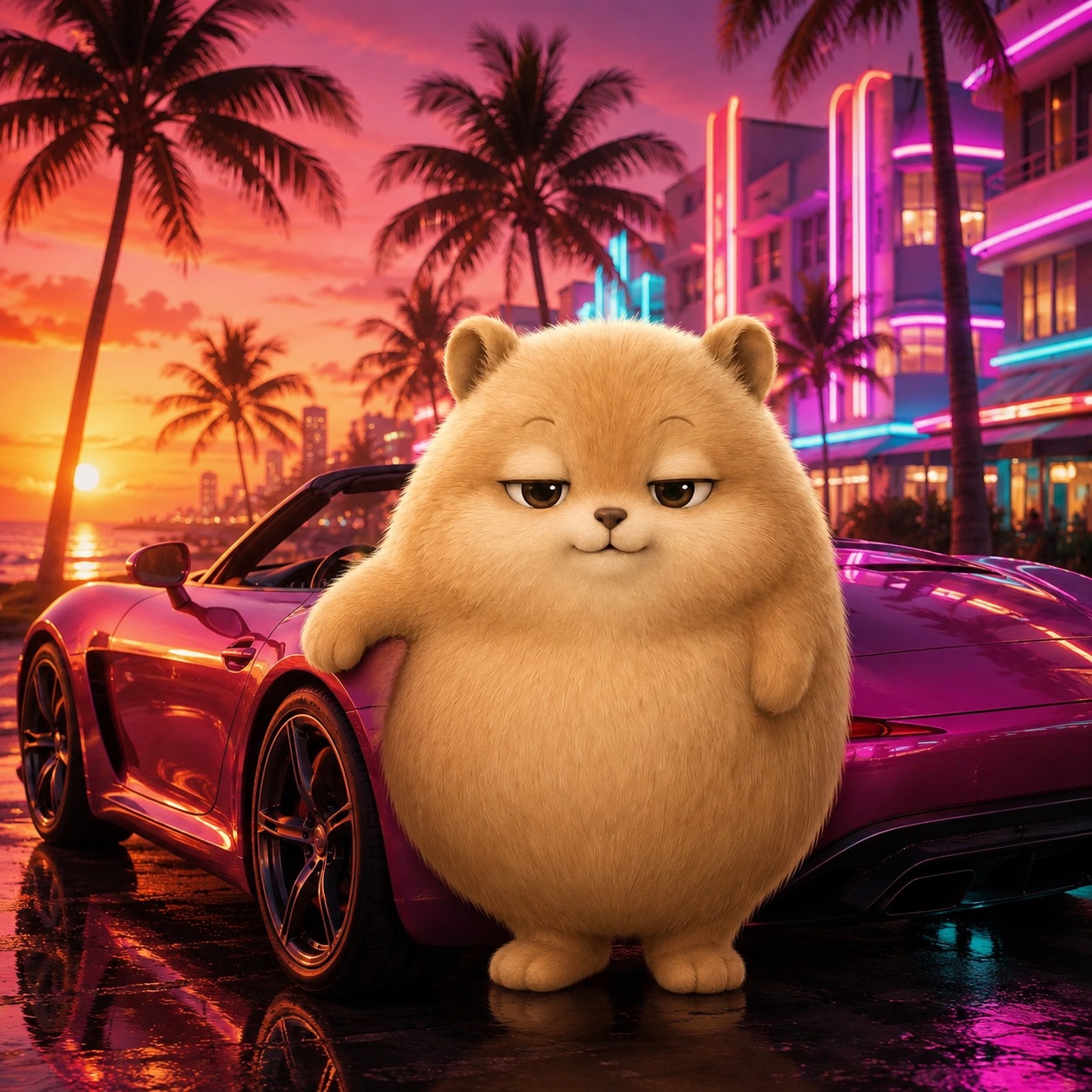 Pika leaning on a purple sports car in Miami at sunset
