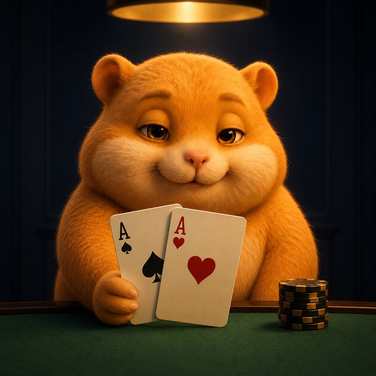 Pika holding pocket aces at a poker table