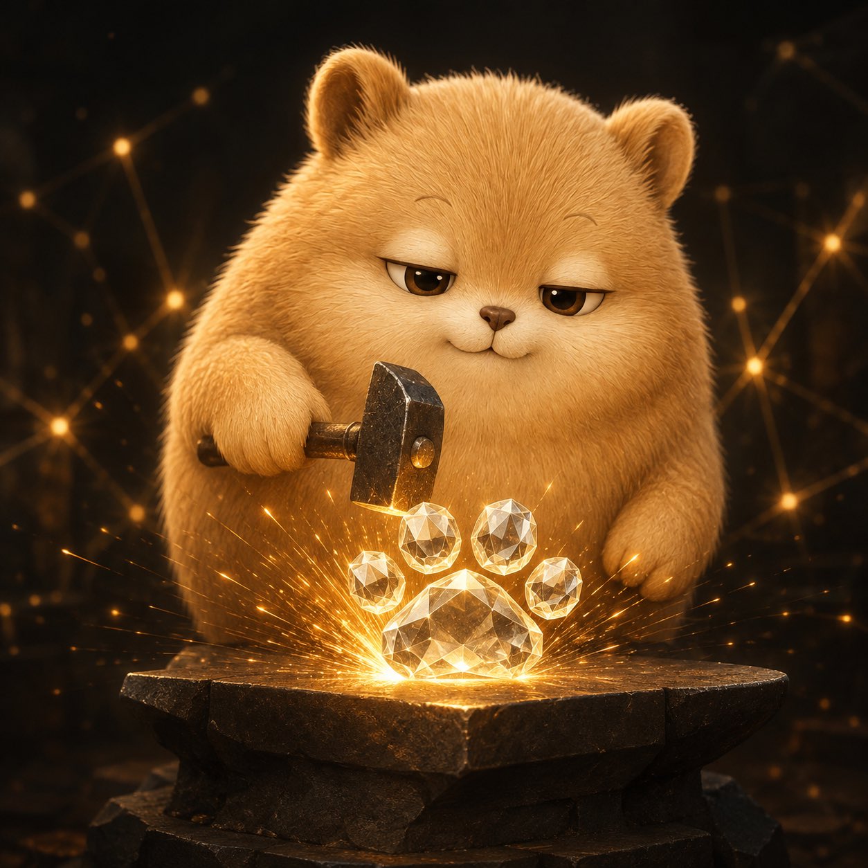 Pika forging glowing diamonds on an anvil